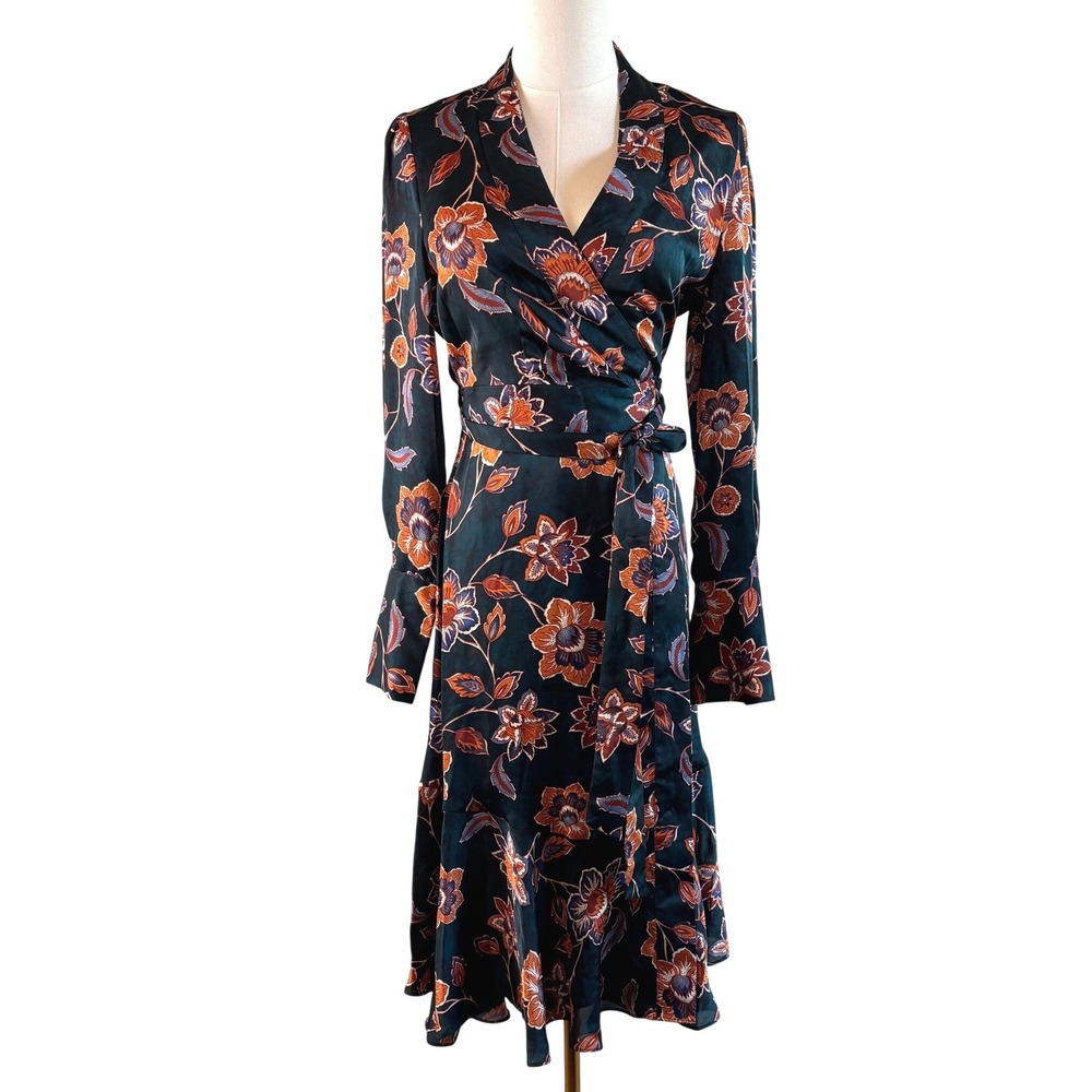 NEW BCBGMAXAZRIA XS Teal Floral Satin Wrap Midi Dress Long Sleeve Ruffle Hem